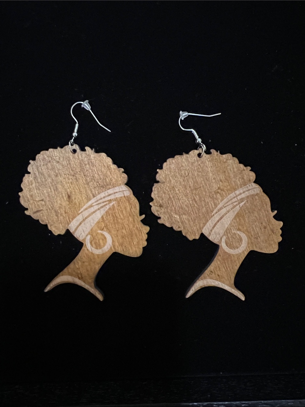 Natural Wood Silhouette Afro Profile Earrings - Brown